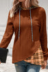 Plaid Patchwork Ribbed Knit Asymmetric Hem Hooded Top